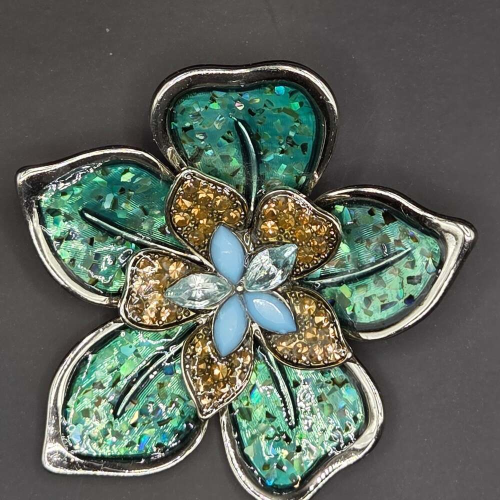 Beautiful Signed Enamel flower brooch Turquoise Blue Green Rhinestones